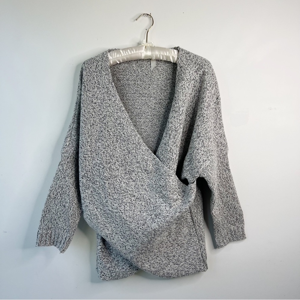 Chunky knit wrap front sweater marled grey v neck cross cross ballet cor…